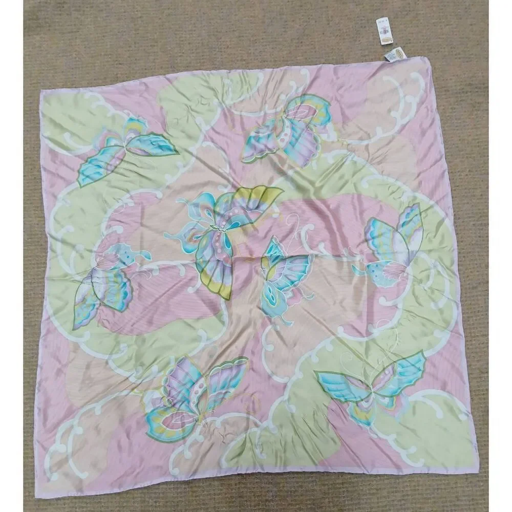 Talbots womens square 100% silk scarf pink lime green